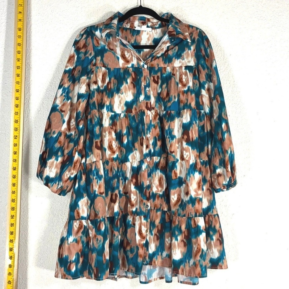 Peach Love California Teal‎ Rust Abstract Cotton Tiered Dress Womens S Excellent